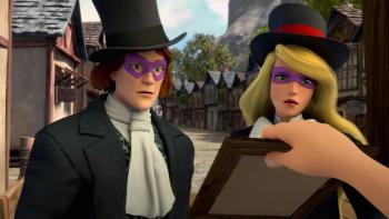 Swan Princess Far Longer Than Forever: A man and woman disguised as magicians look at a book someone has for them to read
