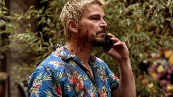 Fight or Flight movie: Josh Hartnett, wearing a Hawaiian shirt, talks on the phone 