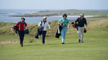 Finnegan’s Foursome movie: Brian Muller, Erica Hernandez, Edward Burns, and Brian D’Arcy walk the links with golf bags