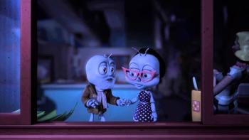 An animated housefly couple, voiced by Christopher Lloyd and Nicollette Sheridan, stand in front of a window holding hands. 