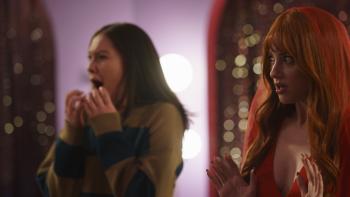 Forbidden Fruits movie: Lola Tung screams at something that has Lili Reinhart alarmed as well