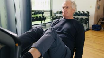 Forever Young Movie: Older man exercising on a leg press machine in a gym.