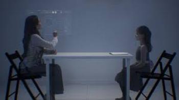 Forever Young Movie: Two people sitting across a table in a dimly lit room.