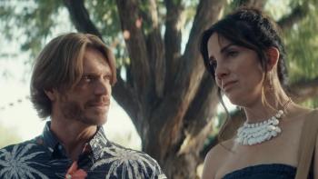 Forgiveness Girl movie: Danny James and  Melinda Yeaman stand outside talking under a tree
