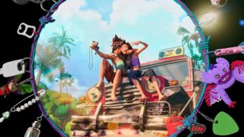Forgotten Island movie: Jo and Raissa pose for a picture on a colorful truck
