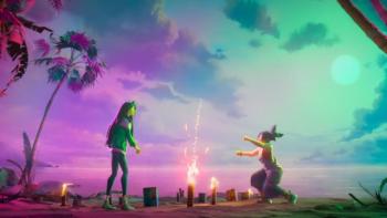 Forgotten Island movie: Jo and Raissa play with fireworks on the island at sunset