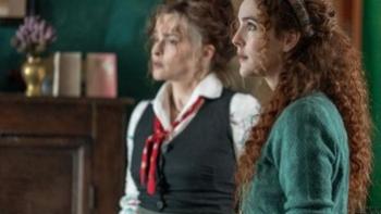 Four Letters of Love: Helena Bonham Carter and Ann Skelly look ahead seriously in the living room of their home