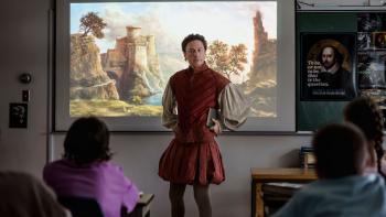 French Girl Movie: Zach Braff dressed in a Shakespearean costume in front of his 8th grade class