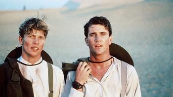 Gallipoli movie: Mark Lee and Mel Gibson stand in the Australian desert, in shock to see civilization again