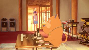 Ghost Cat Anzu movie: A tween girl looks in shock at a human-sized cat drinking at a table littered with bottles and trash