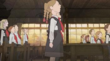 Giovannis Island movie: Russian children stand inside a Japanese classroom, they are wearing their school uniforms and performing their Russian national anthem.