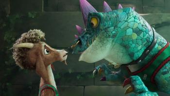 GOAT movie: Will, the goat main character, and Modo (a large turquoise komodo dragon) face off against each other