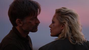 God Is a Bullet Movie: Bob Hightower (Nikolaj Coster-Waldau) and Case Hardin (Maika Monroe) face each other in a serious moment, framed against a sunset