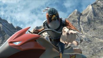 Goldbeak: A bird dressed in armor rides a motor vehicle 