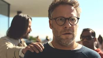 Good Fortune movie: Keanu Reeves puts his hand on Seth Rogen's shoulder, with Aziz Ansari looking on