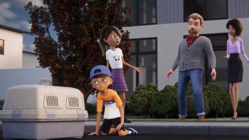 Gracie and Pedro: Pets to the Rescue: Siblings Gavin and Sophie look inside a pet carrier on the street, their parents standing behind them