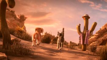 Gracie and Pedro: Pets to the Rescue: Gracie the sandy colored dog and Pedro the gray tabby cat walk off into the desert sunset together