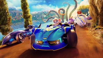 Grand Prix of Europe: Edda the mouse drives along a race track, with other animals racing behind her and the ocean in the background