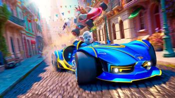 Grand Prix of Europe: Ed the mouse drives a blue car along the city streets as other animals race along behind him