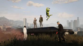 Grand Theft Hamlet: Three human male avatars and a green lizard-like avatar stand around a limousine, with a cityscape unfolding behind them