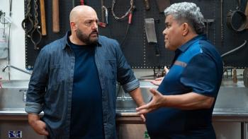 Guns Up movie: Luis Guzman and Kevin James talk in front of a workbench