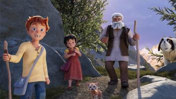 Heidi — The Rescue of the Lynx: Peter, Heidi, and Grandpa walk together on a mountain path with a dog and lynx cub alongside them