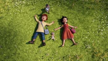 Heidi — The Rescue of the Lynx: Peter and Heidi lay together in the grass, a baby goat and lynx with them