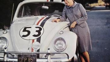 Herbie Rides Again Movie: Mrs. Steinmetz leans on Herbie