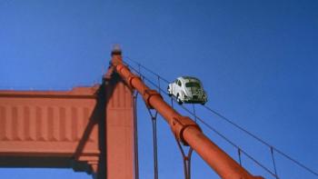 Herbie Rides Again Movie: Herbie drives up the Golden Gate Bridge suspension cable
