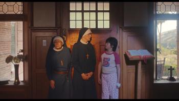 Holy Days: Two nuns inside a church stand next to a young boy in his pajamas