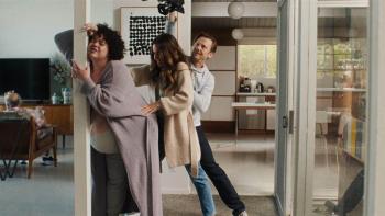 Home Delivery movie: Melanie Field is in labor while Lindsay Sloane helps and Jimmi Simpson holds a camcorder to record