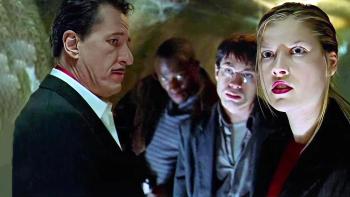 House on Haunted Hill: Steven, Eddie, Pritchett, and Melissa in a dark tunnel looking intently in different directions.