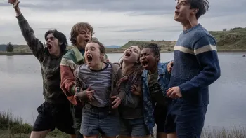Sunny Dancer: Group of six teens by a lake, excitedly shouting