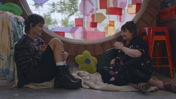 I Wish You All the Best movie: Ben (Corey Fogelmanis) and art teacher (Lena Dunham) drink tea on pillows in class