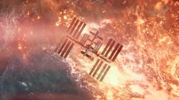 I.S.S. Movie: The space station hovers over a fiery Earth