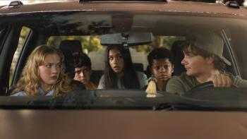 Ice Cream Man Movie: Lizzie, her younger brother, Jared, and two other kids ride in a car driven by older teen Chris