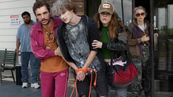 Idiots movie: Dave Franco and Kiernan Shipka flank Mason Thames, who's covered in powder, wrists zip tied