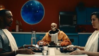 If You Were the Last: Anthony Mackie and Zoe Chao eat a meal with a skeleton.