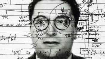 Inside the Trustor Scandal movie: Man with glasses overlaid by technical drawings, black and white photograph.