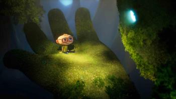 Into the Wonderwoods: Animated character of a young male in the hand of a green forest giant