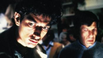 Invasion of the Body Snatchers Movie: Jack and Dr. Kibner, lit from below, both looking grim, try to cook up a plan