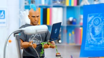 Inventors: A doll with blue hair works on an invention