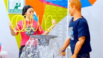 Inventors: Two dolls, one Asian woman, and a White man, work on an invention