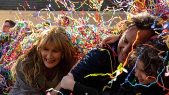 Is This Thing On? movie: The Novak family laugh and shield themselves from streamers