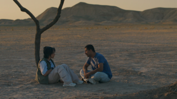 It Was Just an Accident: Two people sit under a thin tree in the desert