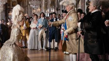 Jeanne du Barry movie: King Louis XV (Johnny Depp) beams at a duchess (Maiwenn) at Versailles
