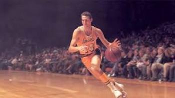 Jerry West: The Logo: Player dribbles ball on court