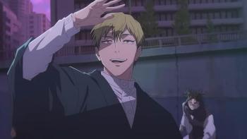 Jujutsu Kaisen: Execution Movie: Naoya Zen'in speaks tauntingly to someone, with Choso in the distant background