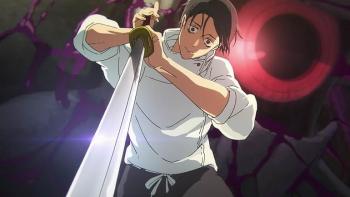 Jujutsu Kaisen: Execution Movie — Wearing a dreamy look, Yuta Okkotsu pushes down on a sword, as if stabbing someone.