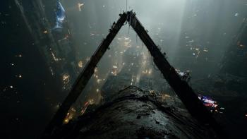 Kill Code: Futuristic cityscape with towering structures and distant lights